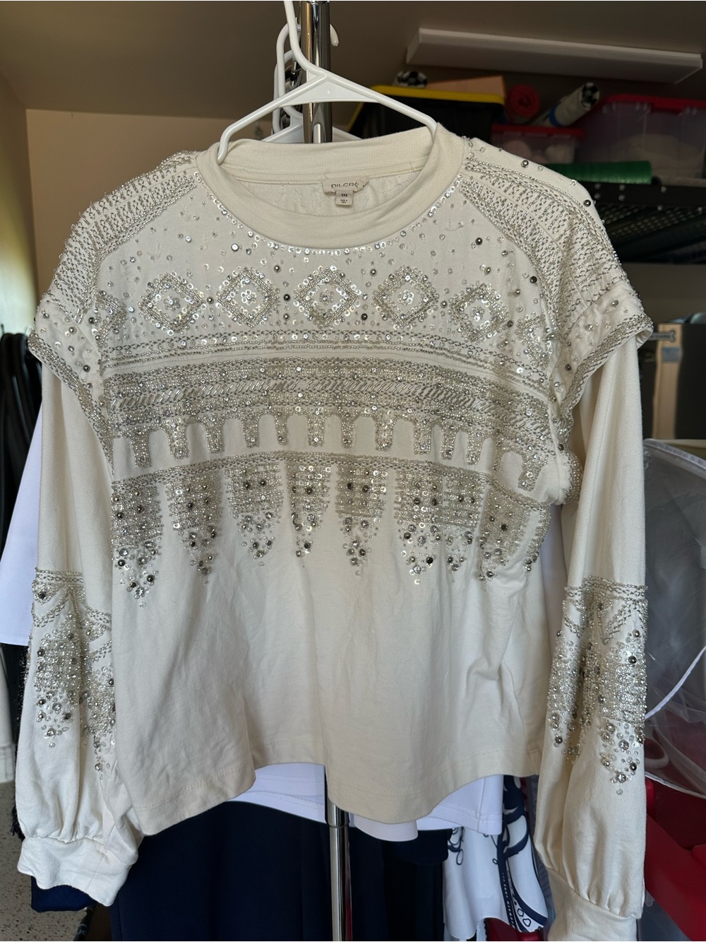 Anthropologie Ivory Sequin & Bead Embellished Sweatshirt